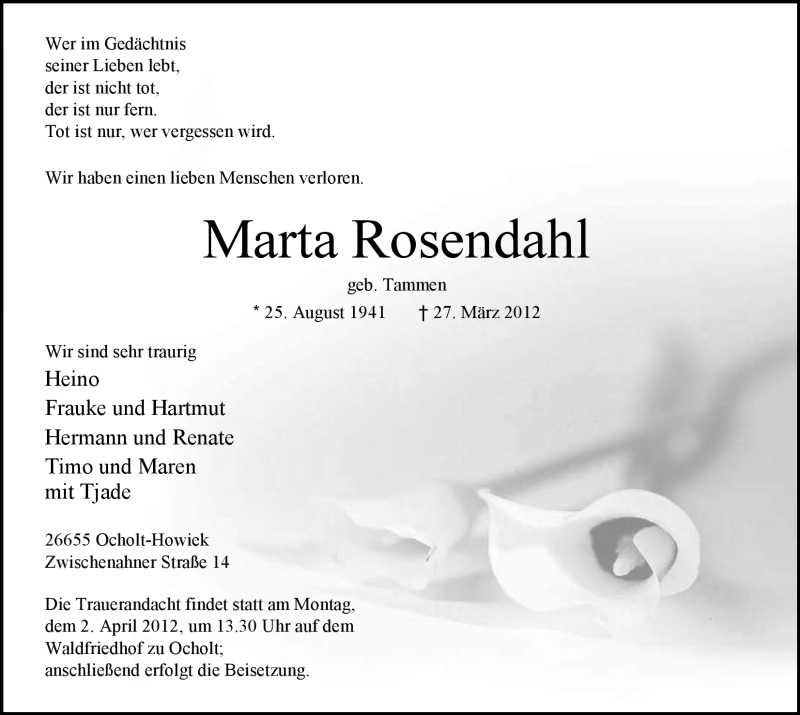  Traueranzeige für Marta Rosendahl vom 30.03.2012 aus Nordwest-Zeitung
