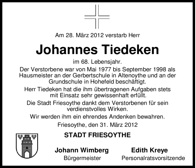  Traueranzeige für Johannes Tiedeken vom 31.03.2012 aus Nordwest-Zeitung