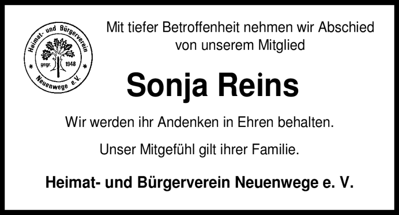  Traueranzeige für Sonja Reins vom 03.04.2012 aus Nordwest-Zeitung