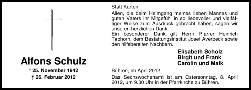  Traueranzeige für Alfons Scholz vom 05.04.2012 aus Nordwest-Zeitung