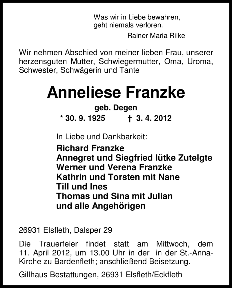  Traueranzeige für Anneliese Franzke vom 04.04.2012 aus Nordwest-Zeitung