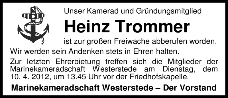  Traueranzeige für Heinz Trommer vom 05.04.2012 aus Nordwest-Zeitung