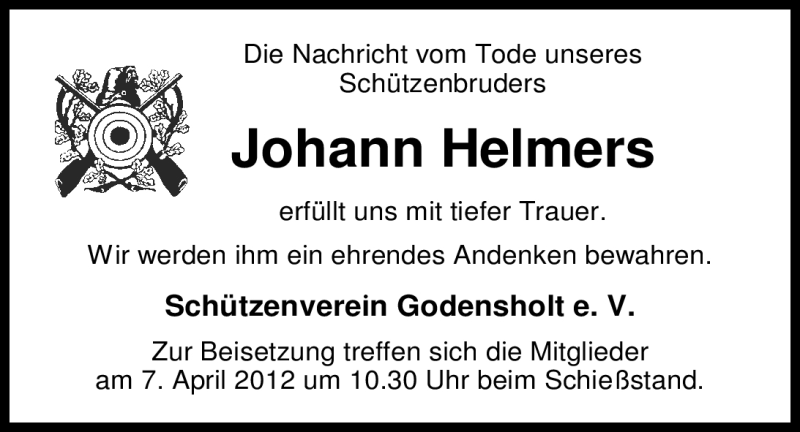  Traueranzeige für Johann Helmers vom 05.04.2012 aus Nordwest-Zeitung