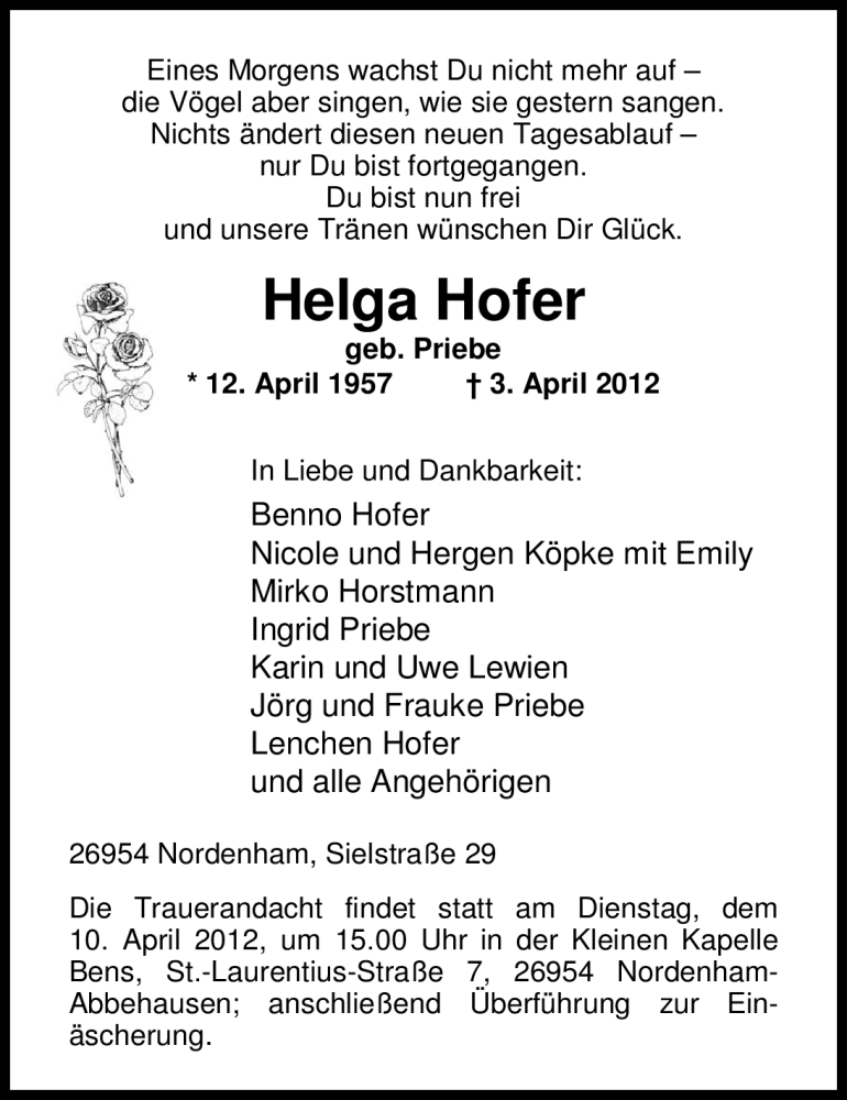  Traueranzeige für Helga Hofer vom 05.04.2012 aus Nordwest-Zeitung