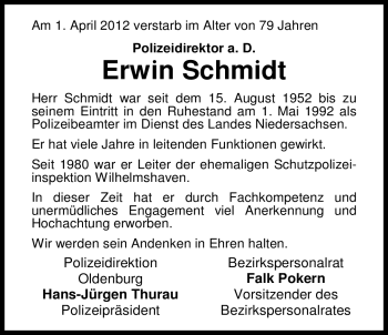 Traueranzeige von Erwin Schmidt von Nordwest-Zeitung