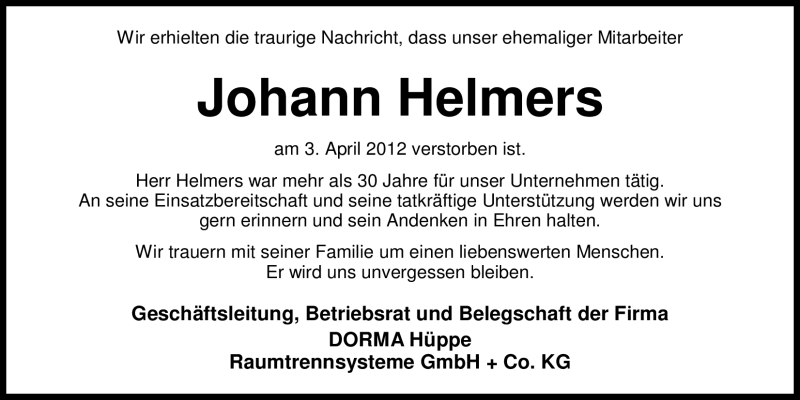  Traueranzeige für Johann Helmers vom 07.04.2012 aus Nordwest-Zeitung