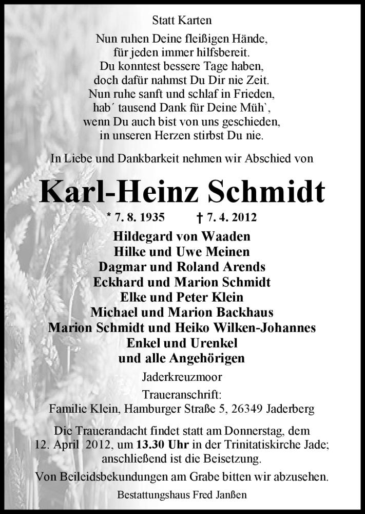  Traueranzeige für Karl-Heinz Schmidt vom 10.04.2012 aus Nordwest-Zeitung