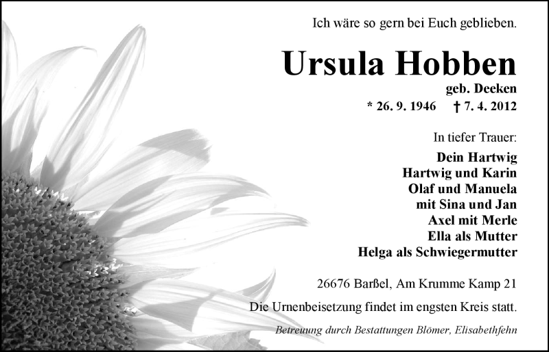  Traueranzeige für Ursula Hobben vom 11.04.2012 aus Nordwest-Zeitung