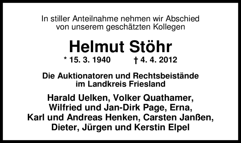  Traueranzeige für Helmut Stöhr vom 12.04.2012 aus Nordwest-Zeitung