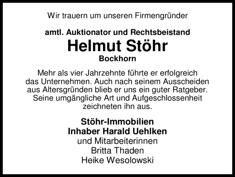  Traueranzeige für Helmut Stöhr vom 12.04.2012 aus Nordwest-Zeitung