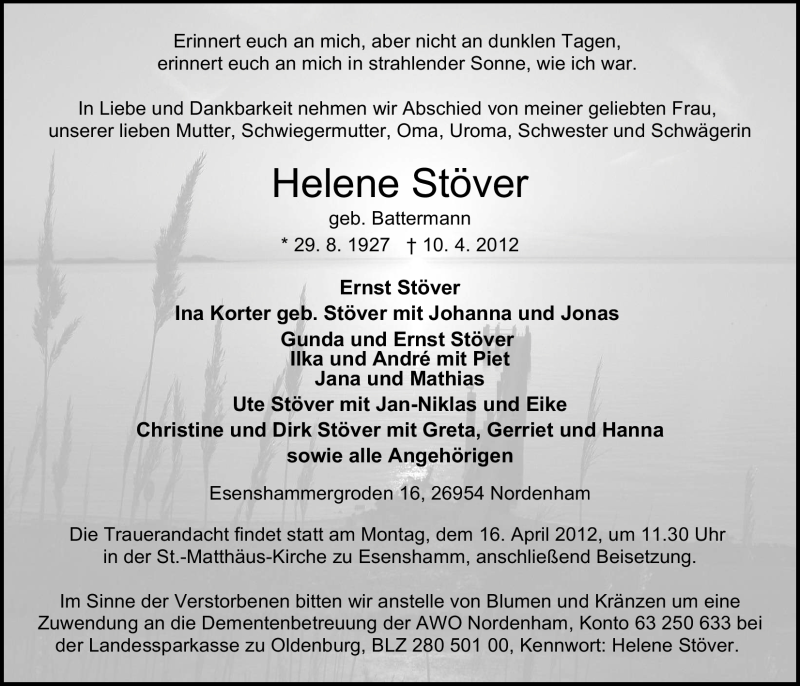  Traueranzeige für Helene Stöver vom 12.04.2012 aus Nordwest-Zeitung