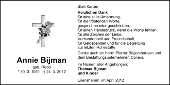 Traueranzeige von Anna Agatha Bijman Rood von Nordwest-Zeitung