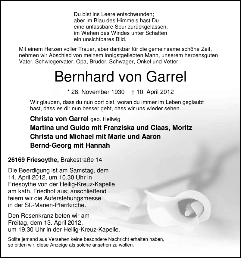  Traueranzeige für Bernhard von Garrel vom 12.04.2012 aus Nordwest-Zeitung