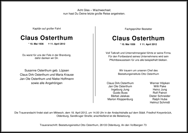  Traueranzeige für Claus Osterthum vom 14.04.2012 aus Nordwest-Zeitung