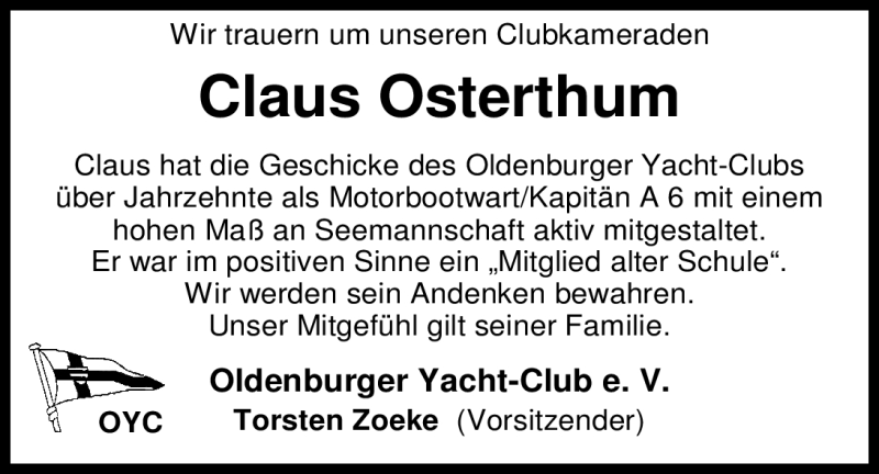  Traueranzeige für Claus Osterthum vom 14.04.2012 aus Nordwest-Zeitung