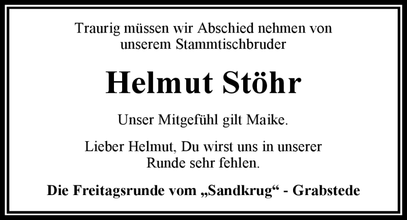  Traueranzeige für Helmut Stöhr vom 16.04.2012 aus Nordwest-Zeitung