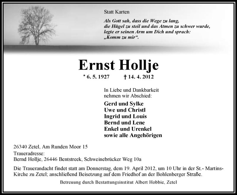  Traueranzeige für Ernst Hollje vom 16.04.2012 aus Nordwest-Zeitung