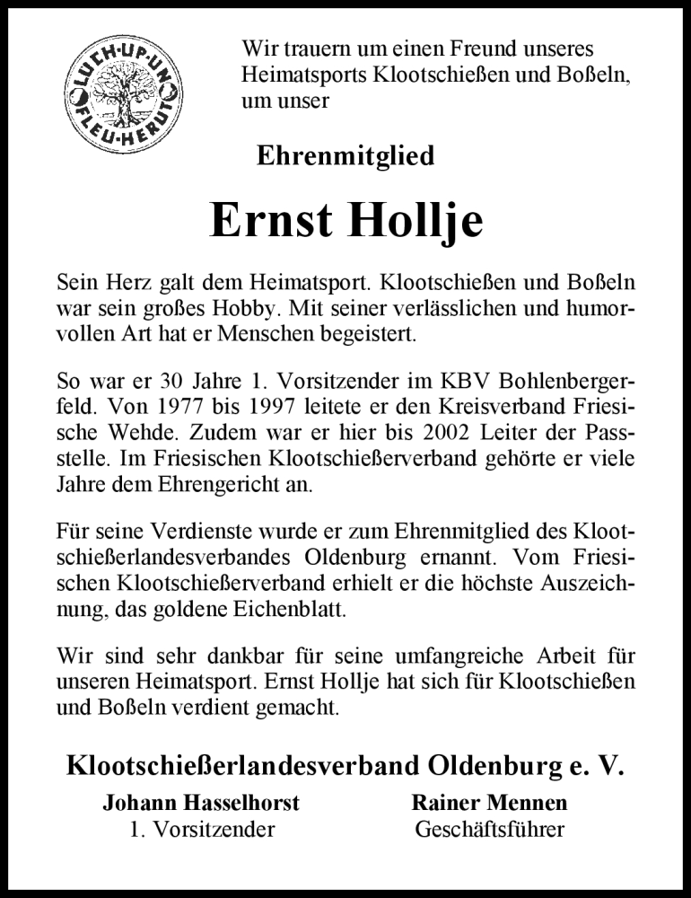  Traueranzeige für Ernst Hollje vom 17.04.2012 aus Nordwest-Zeitung