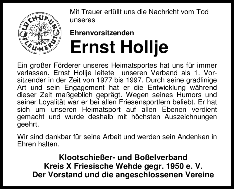  Traueranzeige für Ernst Hollje vom 18.04.2012 aus Nordwest-Zeitung