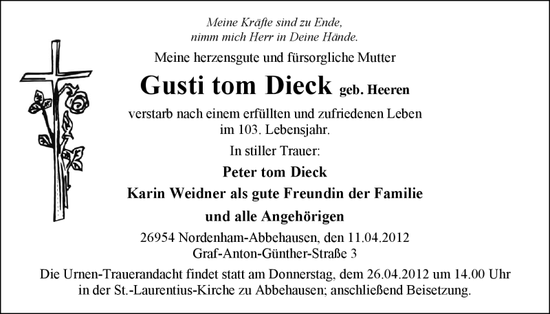  Traueranzeige für Auguste tom Dieck vom 19.04.2012 aus Nordwest-Zeitung