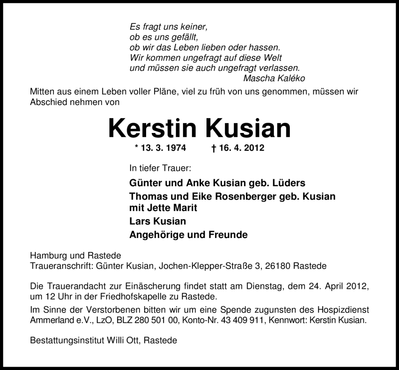  Traueranzeige für Kerstin Kusian vom 20.04.2012 aus Nordwest-Zeitung