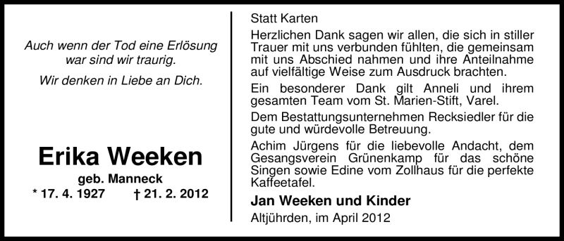  Traueranzeige für Erika Weeken vom 21.04.2012 aus Nordwest-Zeitung