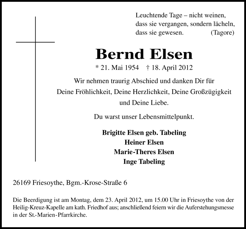  Traueranzeige für Bernhard Elsen vom 21.04.2012 aus Nordwest-Zeitung