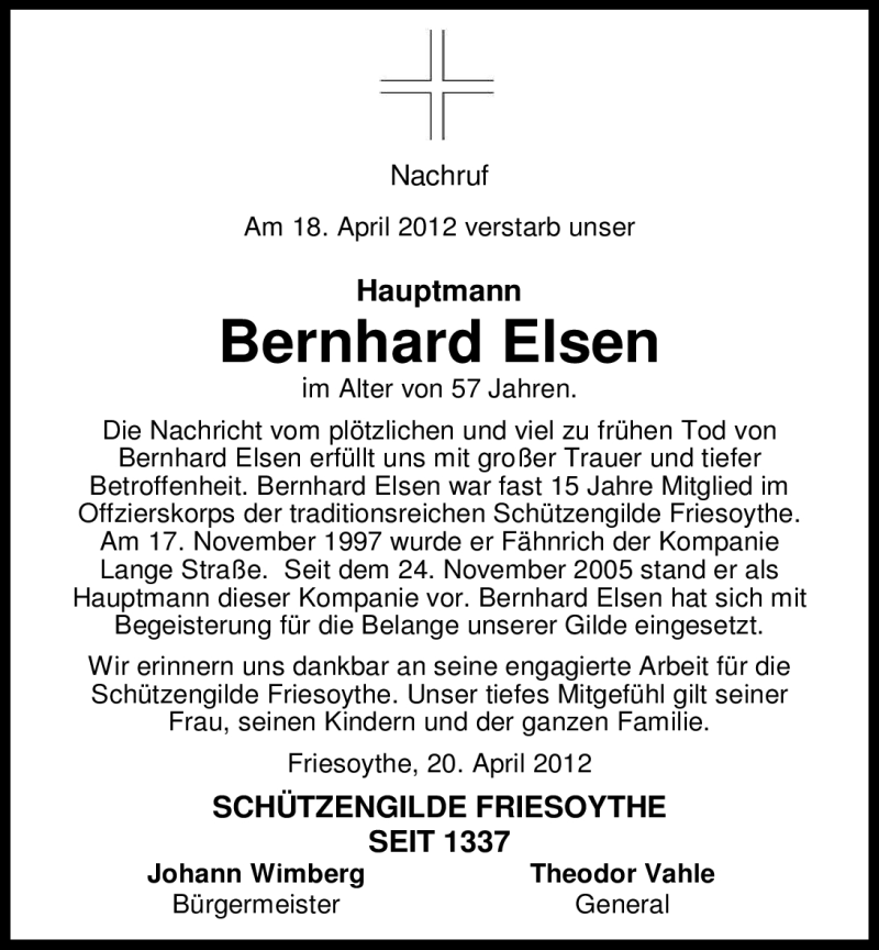  Traueranzeige für Bernhard Elsen vom 21.04.2012 aus Nordwest-Zeitung