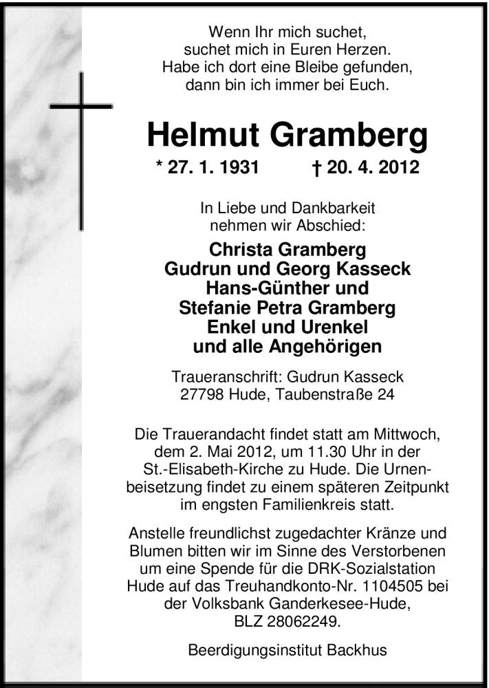  Traueranzeige für Helmut Gramberg vom 23.04.2012 aus Nordwest-Zeitung