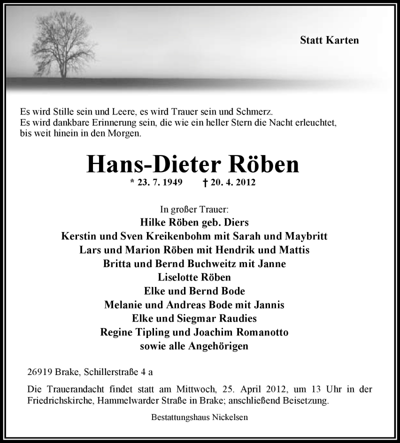  Traueranzeige für Hans-Dieter Röben vom 23.04.2012 aus Nordwest-Zeitung