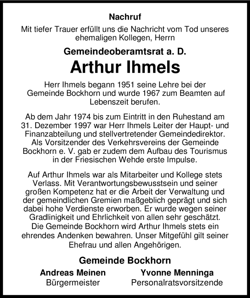  Traueranzeige für Arthur Ihmels vom 24.04.2012 aus Nordwest-Zeitung