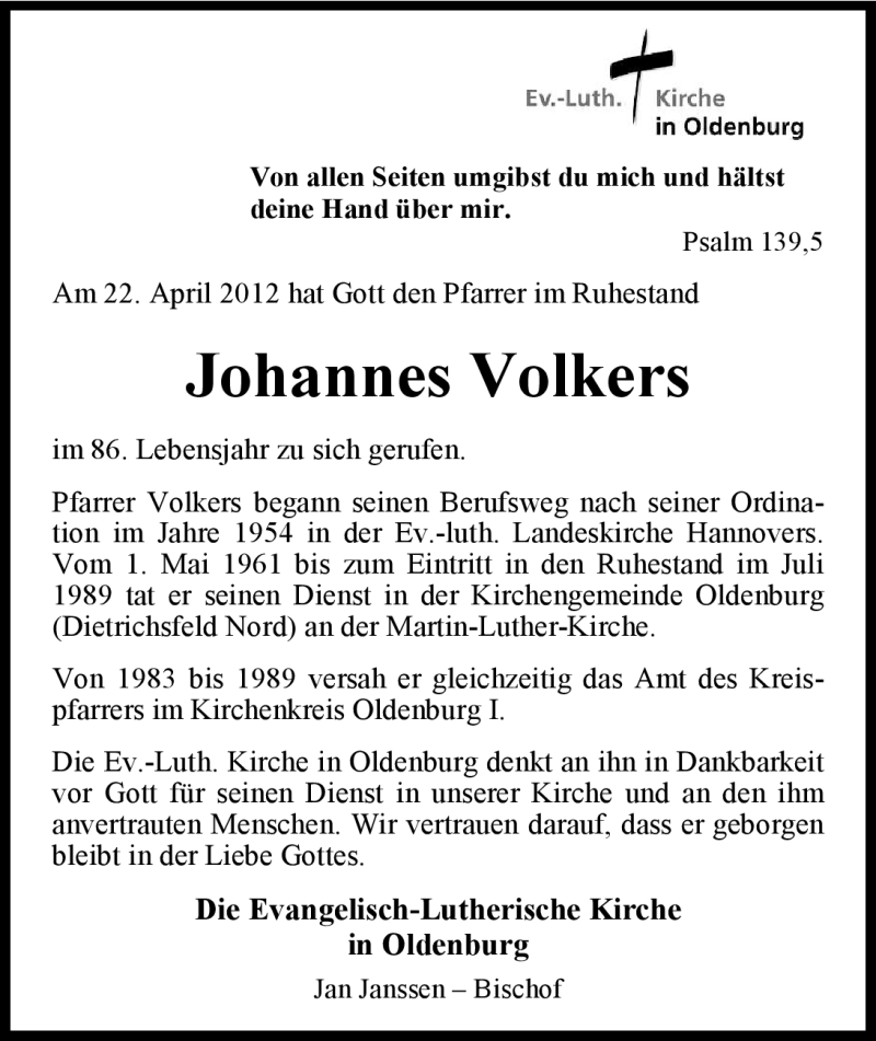  Traueranzeige für Johannes Volkers vom 24.04.2012 aus Nordwest-Zeitung