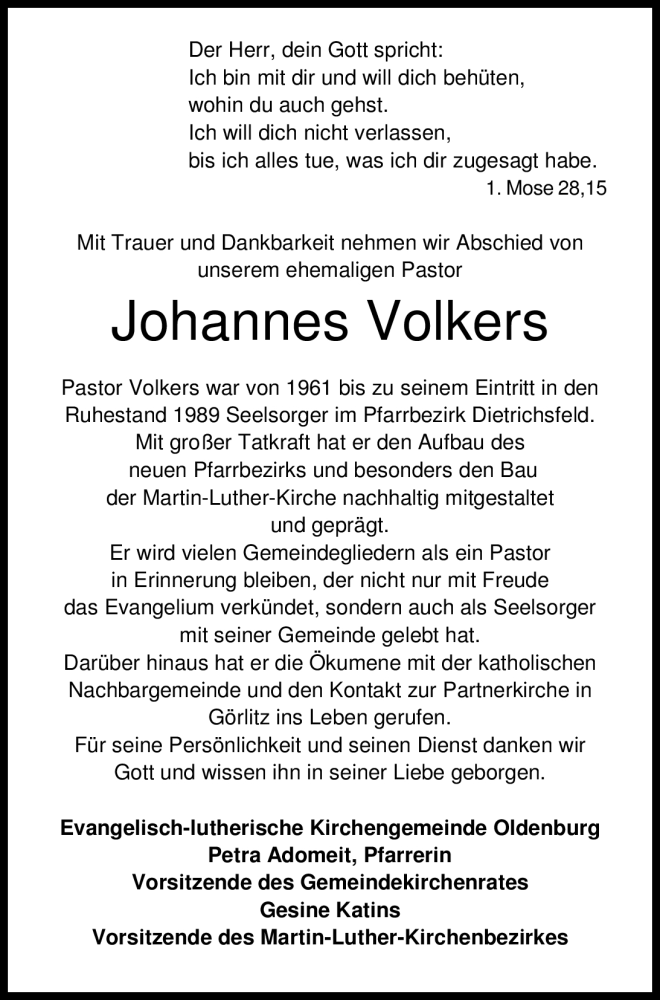  Traueranzeige für Johannes Volkers vom 24.04.2012 aus Nordwest-Zeitung