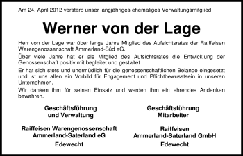 Traueranzeige von Werner von der Lage von Nordwest-Zeitung