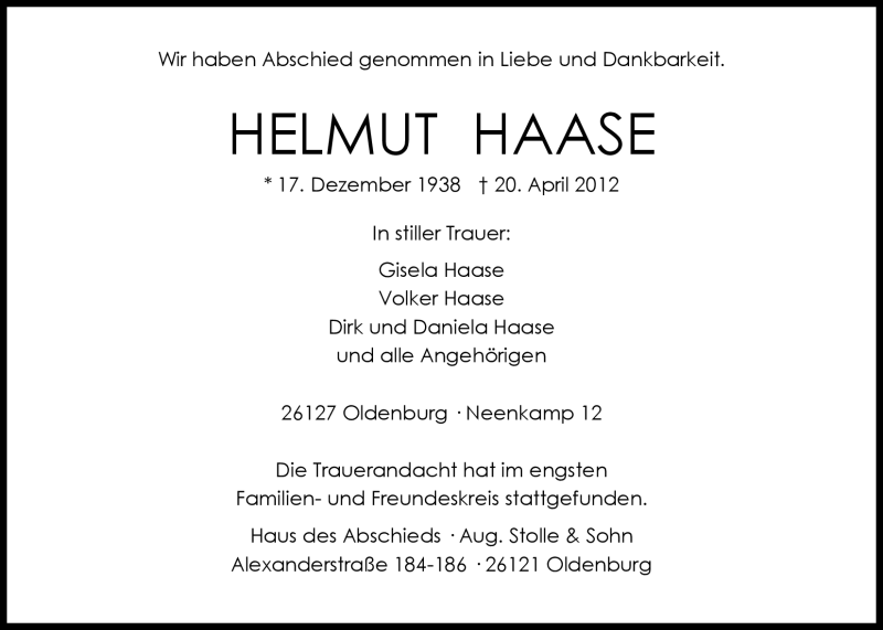 Traueranzeige für Helmut Haase vom 28.04.2012 aus Nordwest-Zeitung