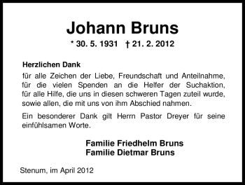 Traueranzeige von Johann Bruns von Nordwest-Zeitung