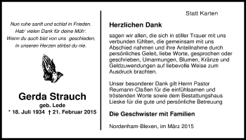 Traueranzeige von Gerda Strauch von Nordwest-Zeitung
