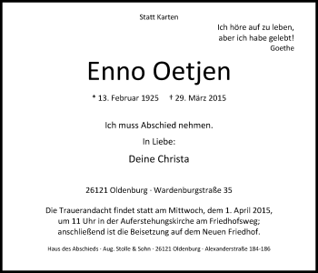 Traueranzeige von Enno Oetjen von Nordwest-Zeitung