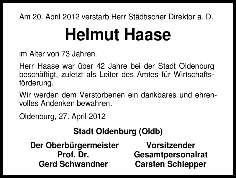  Traueranzeige für Helmut Haase vom 28.04.2012 aus Nordwest-Zeitung