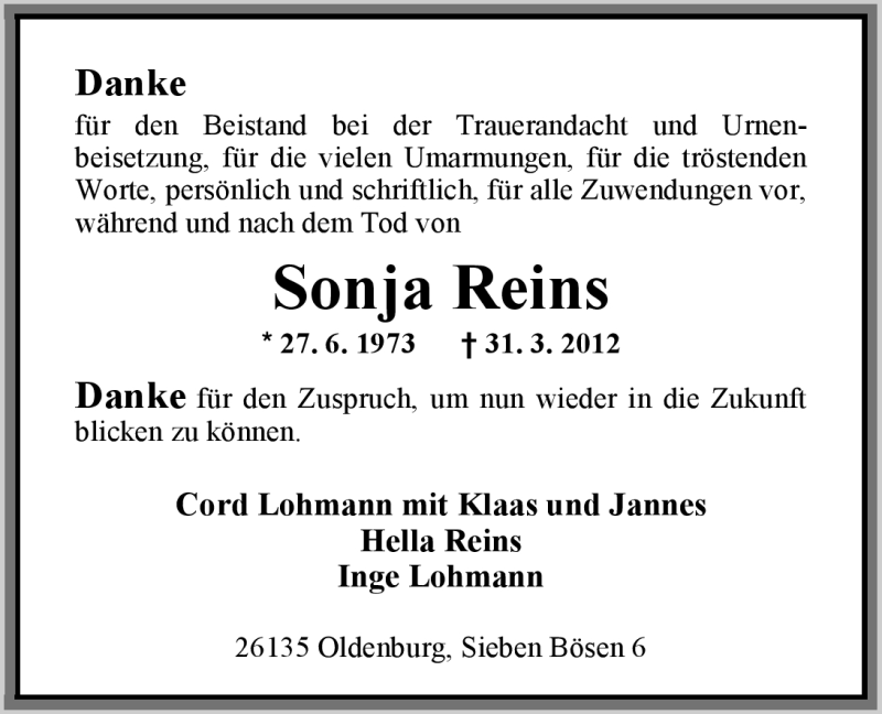  Traueranzeige für Sonja Reins vom 28.04.2012 aus Nordwest-Zeitung