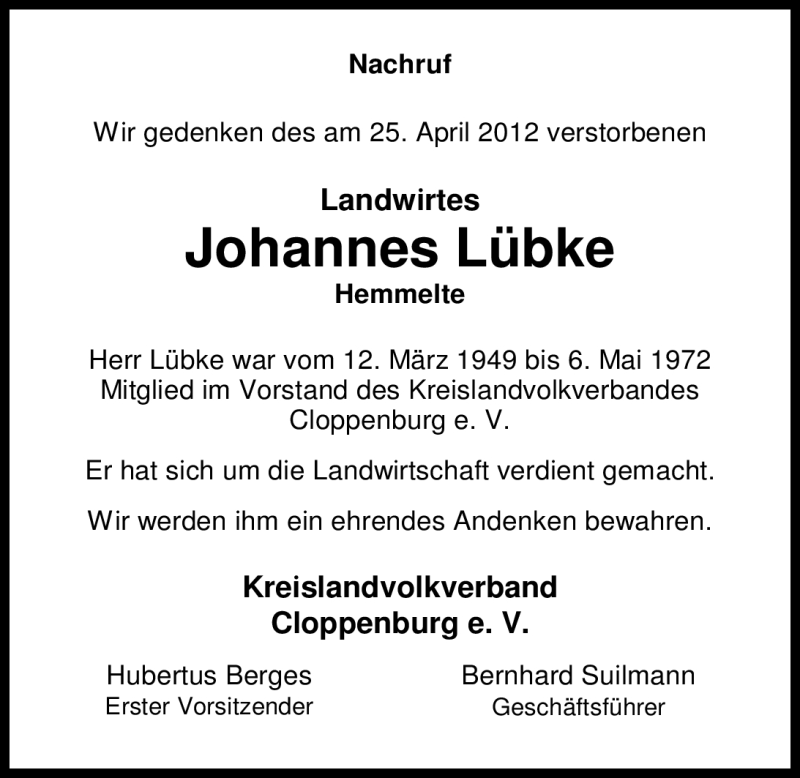  Traueranzeige für Hans Lübke vom 30.04.2012 aus Nordwest-Zeitung