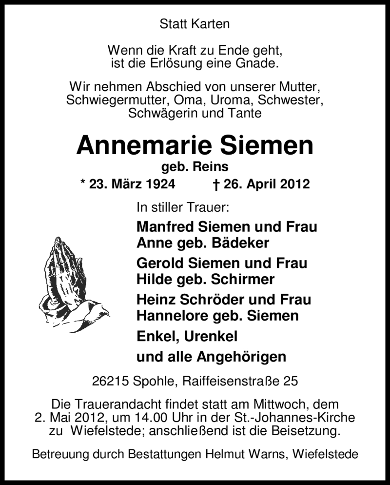  Traueranzeige für Annemarie Siemen vom 28.04.2012 aus Nordwest-Zeitung