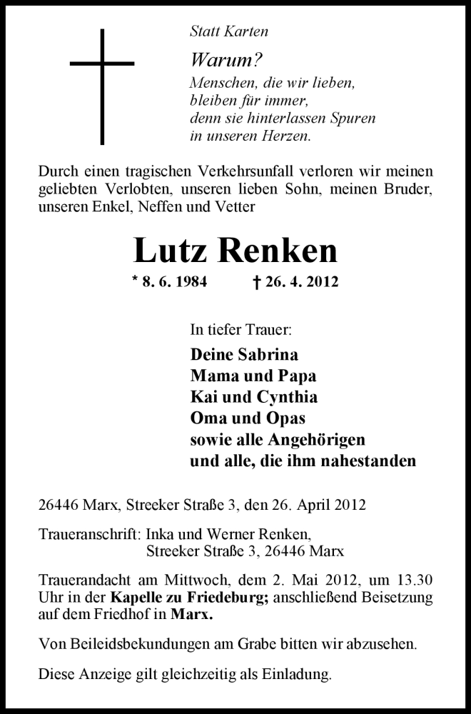  Traueranzeige für Lutz Renken vom 28.04.2012 aus Nordwest-Zeitung