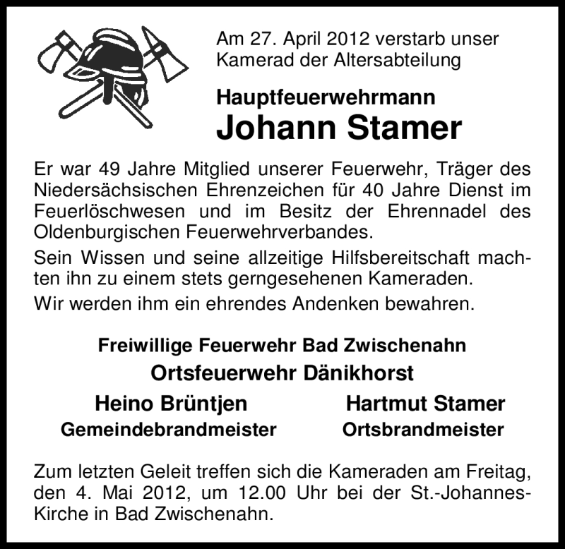  Traueranzeige für Johann Stamer vom 30.04.2012 aus Nordwest-Zeitung