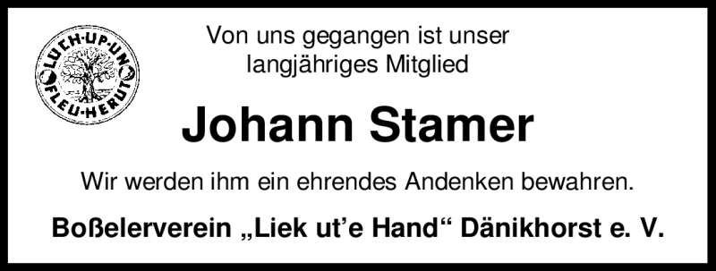  Traueranzeige für Johann Stamer vom 30.04.2012 aus Nordwest-Zeitung