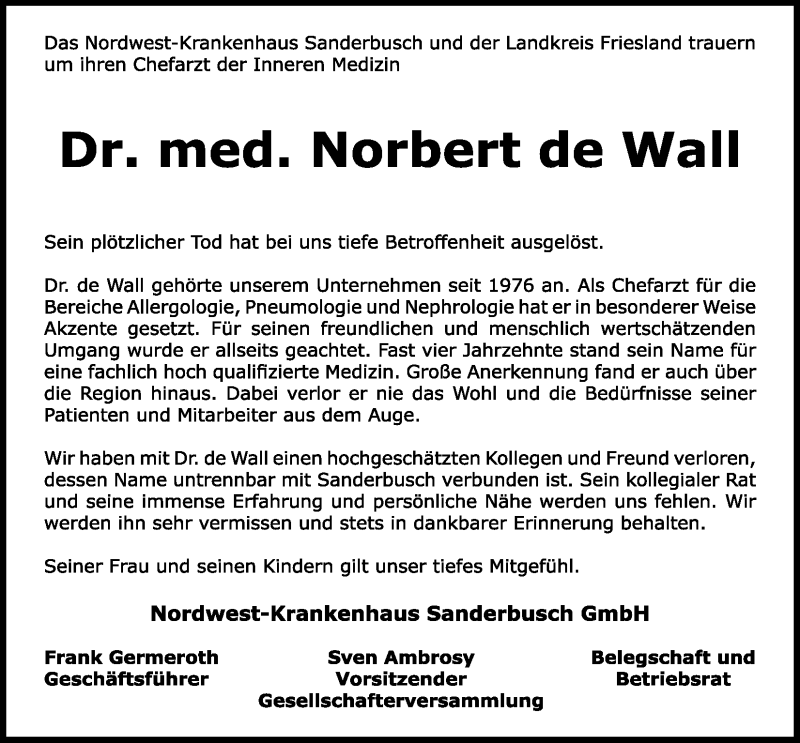  Traueranzeige für Dr. Norbert de Wall vom 02.05.2012 aus Nordwest-Zeitung
