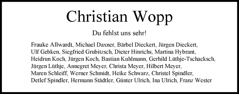  Traueranzeige für Dr. Christian Wopp vom 03.05.2012 aus Nordwest-Zeitung