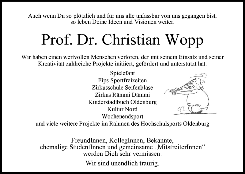  Traueranzeige für Dr. Christian Wopp vom 03.05.2012 aus Nordwest-Zeitung