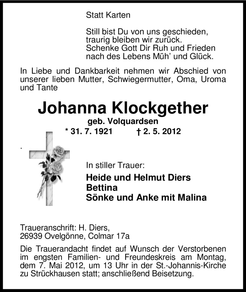  Traueranzeige für Johanna Klockgether vom 03.05.2012 aus Nordwest-Zeitung