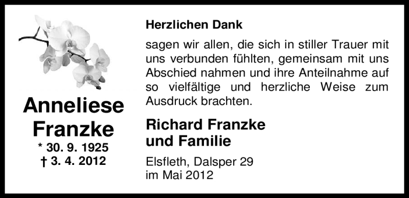  Traueranzeige für Anneliese Franzke vom 04.05.2012 aus Nordwest-Zeitung